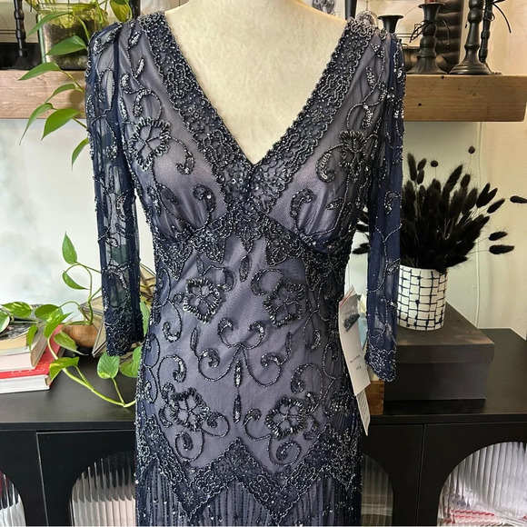 NWT Pissaro Nights Navy Midi Beaded Dress - Picture 4 of 13